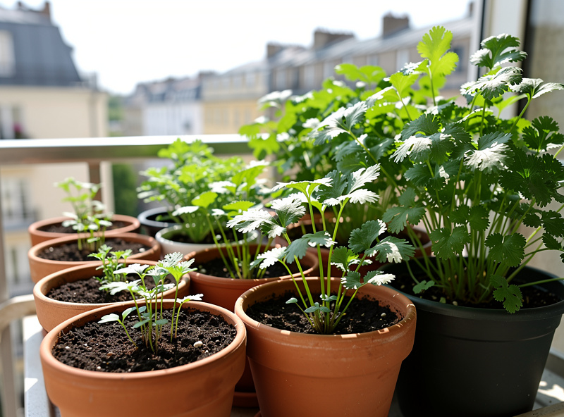 Several pots of cilantro at different growth stages for succession sowing on a balcony