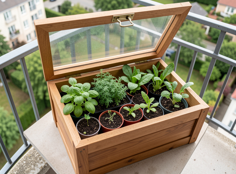 A wooden cold frame on a balcony with the glazed lid open, hardy greens and seedling pots inside, soft daylight