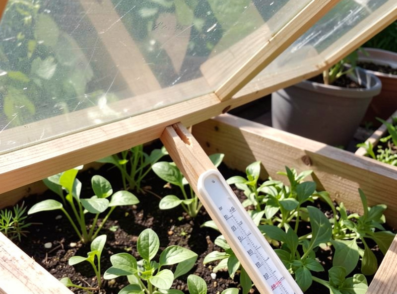 Close-up of a cold frame lid propped open on a notched stick to vent on a sunny day, thermometer visible inside