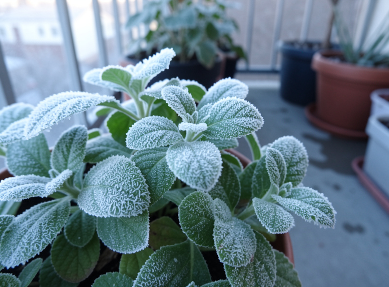 Frost-covered plant leaves at dawn on a Nordic balcony, ice crystals on the foliage