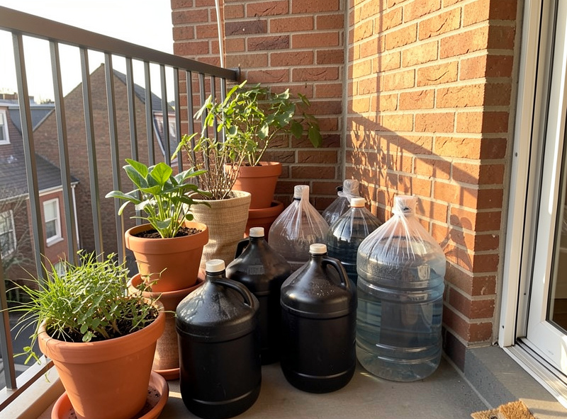 Water jugs filled and tucked among potted plants against a south-facing balcony wall to store day heat
