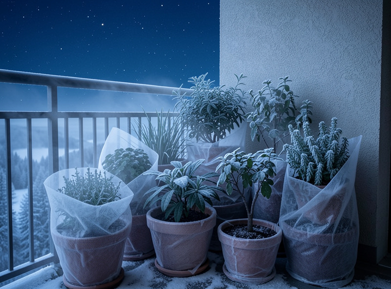 Potted plants grouped and wrapped against a balcony wall on a clear cold night under a frost cover