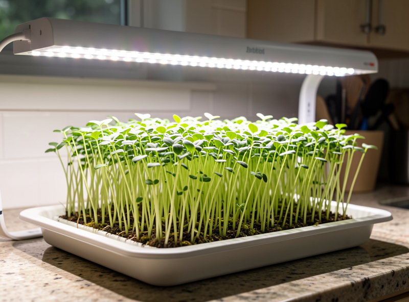 Tray of sunflower microgreens under an LED grow bar showing sturdy upright stems