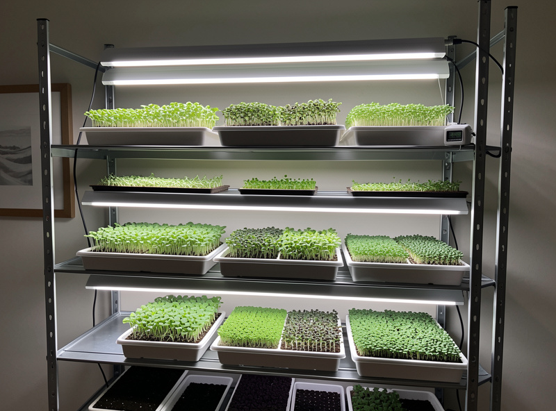 Multi-tier rack of microgreen trays under LED shop lights on a plug-in timer