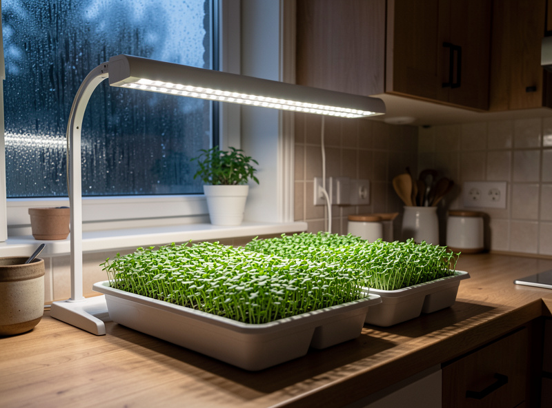 Microgreen trays growing under LED light on a kitchen counter during a dark winter day