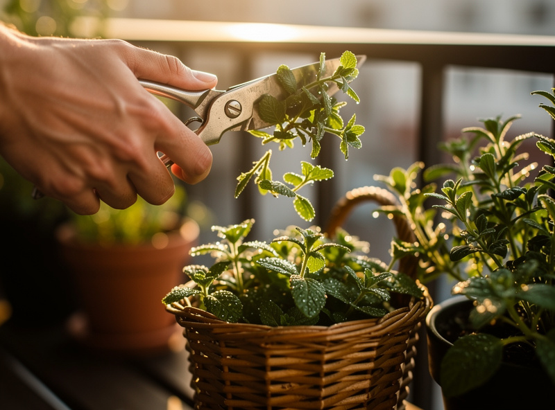 Fresh herbs being harvested into a basket in morning light on a balcony