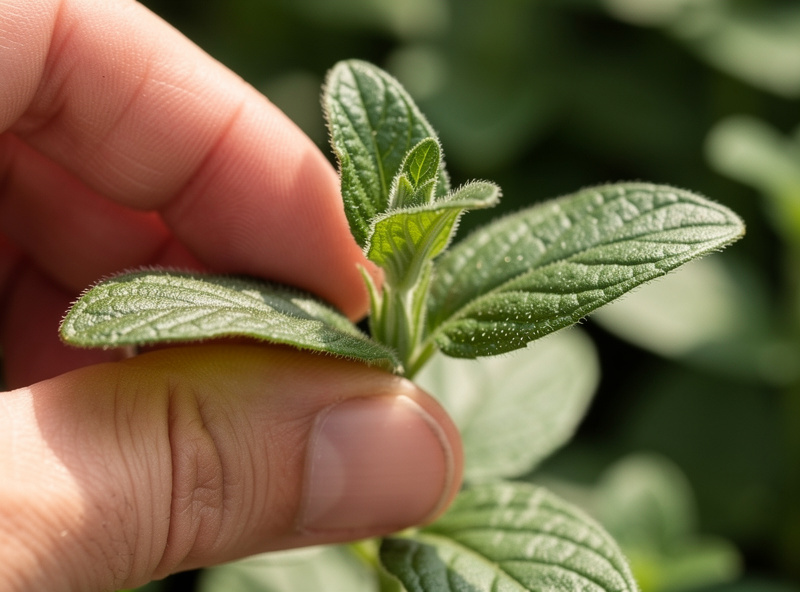 A hand pinching the growing tip of a soft leafy herb above a leaf pair
