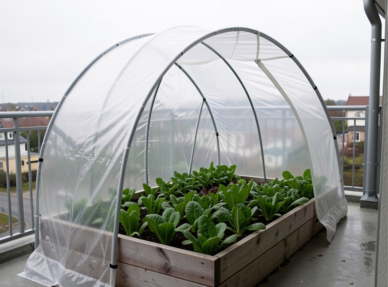 A low clear-poly hoop tunnel over a raised bed of leafy greens on a Nordic balcony, soft winter daylight