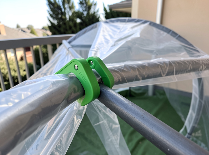 Snap clips holding a clear poly cover onto a hoop with the open vent end of the tunnel visible
