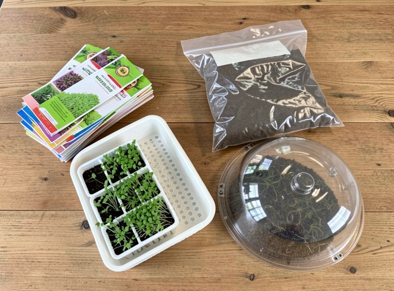 A microgreens starter kit laid out with trays, seed packets, growing medium and a humidity dome