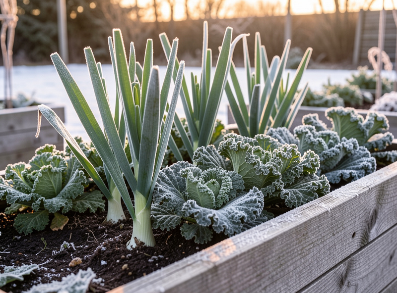 Leeks and curly kale standing in a frosted raised bed in winter, rimed with frost under low Nordic light