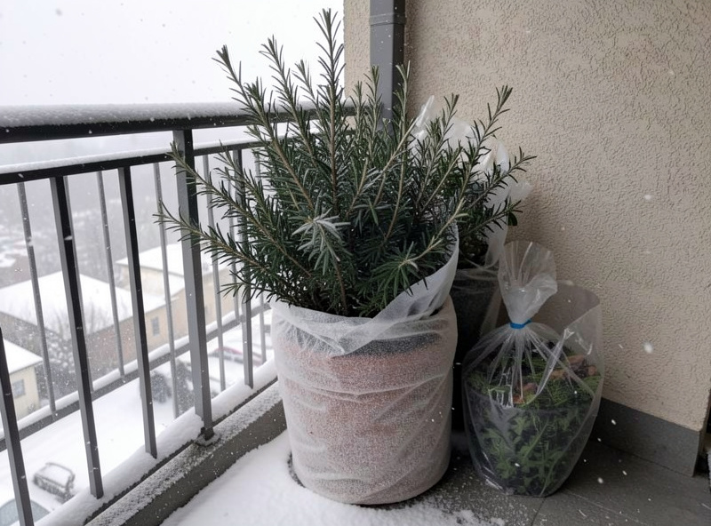 A potted plant wrapped in horticultural fleece, grouped with other pots against a balcony wall under light snow