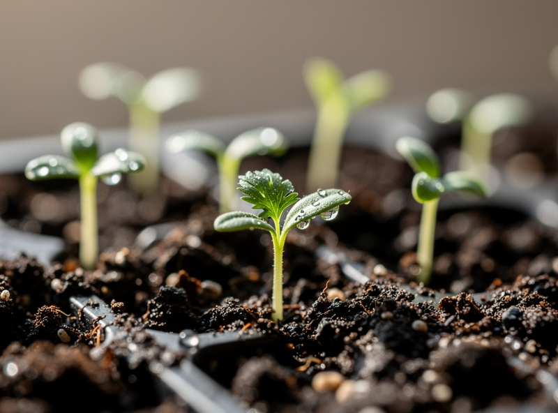 Parsley seedlings emerging in a seed tray after slow germination