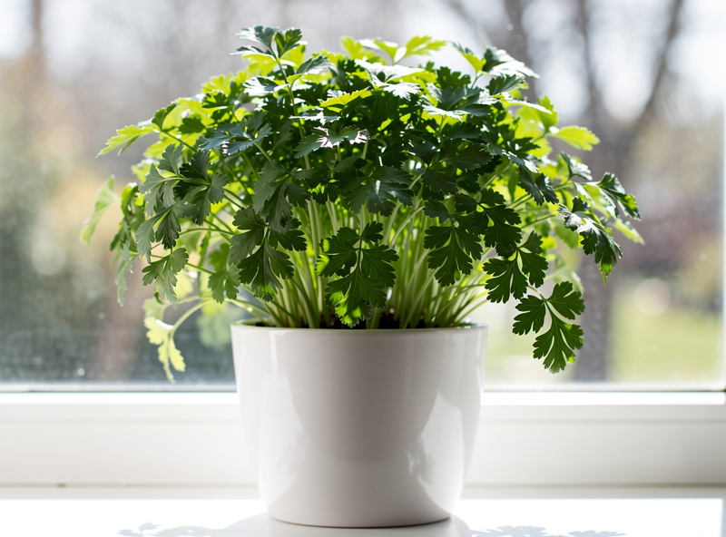 A lush deep pot of flat-leaf parsley growing on a kitchen windowsill