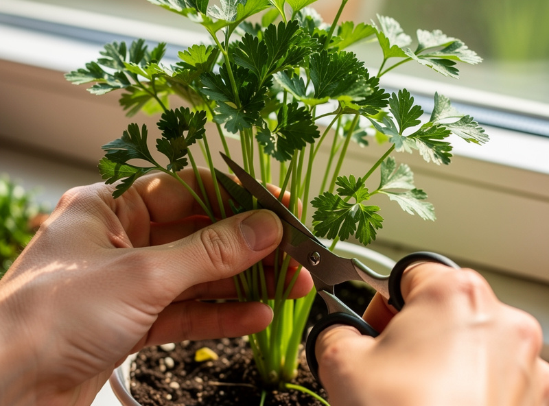 Parsley harvested by cutting outer stems with the central crown left intact