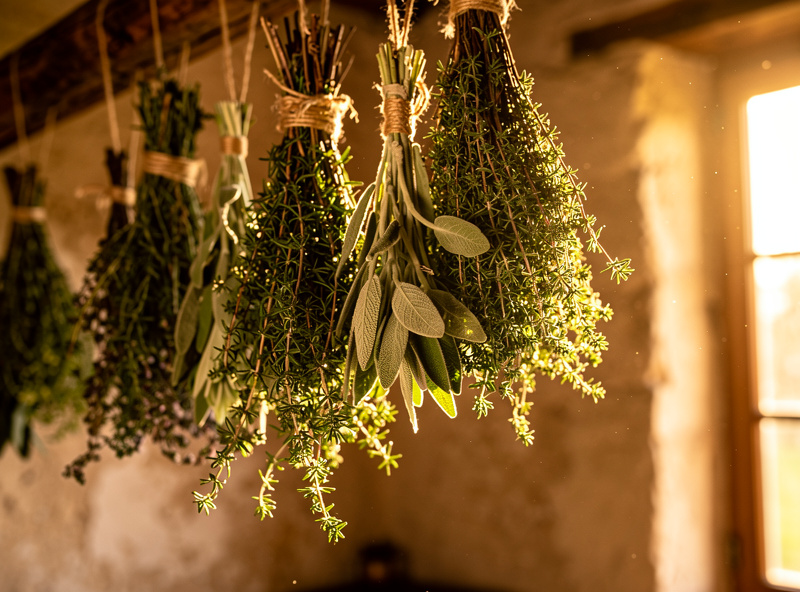 Bunches of woody herbs hanging to air-dry in a warm airy room