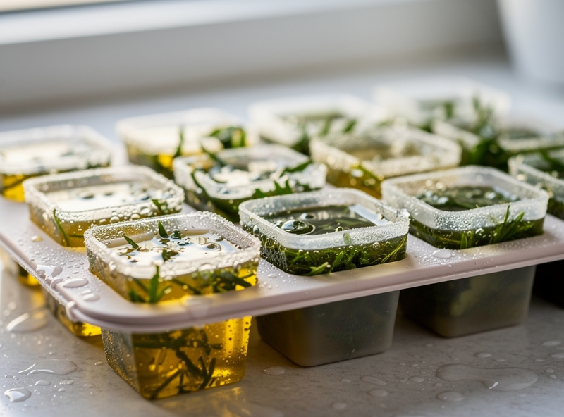 Chopped herbs frozen in olive oil in an ice cube tray for cooking
