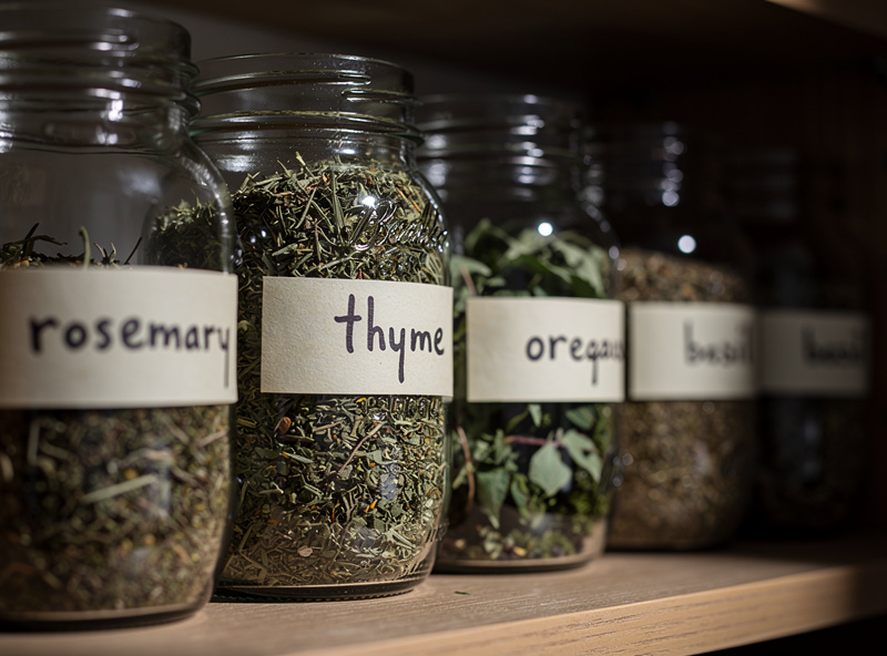 Jars of dried herbs stored in a cool dark cupboard with labels
