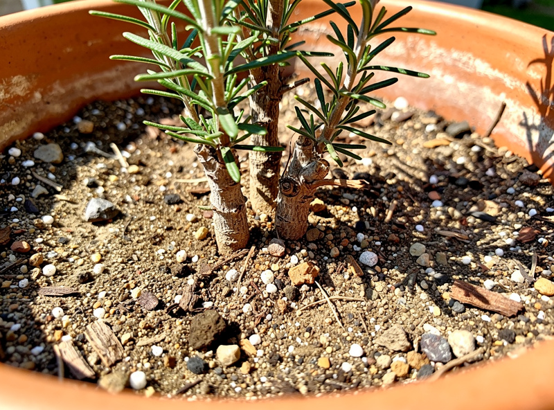 A rosemary plant growing in a terracotta pot with gritty fast-draining soil in bright sun