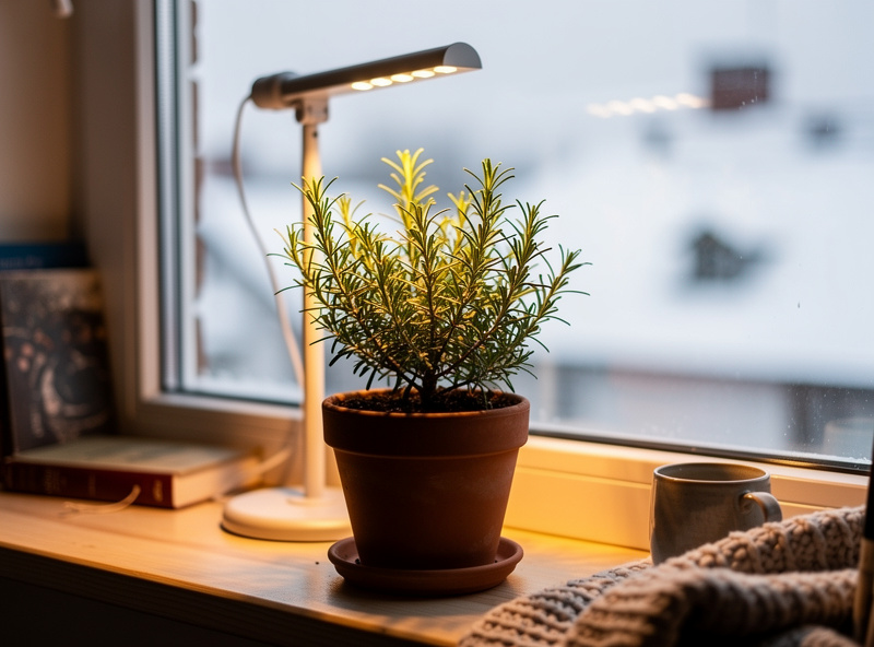 A potted rosemary plant indoors under a grow light during winter near a bright window