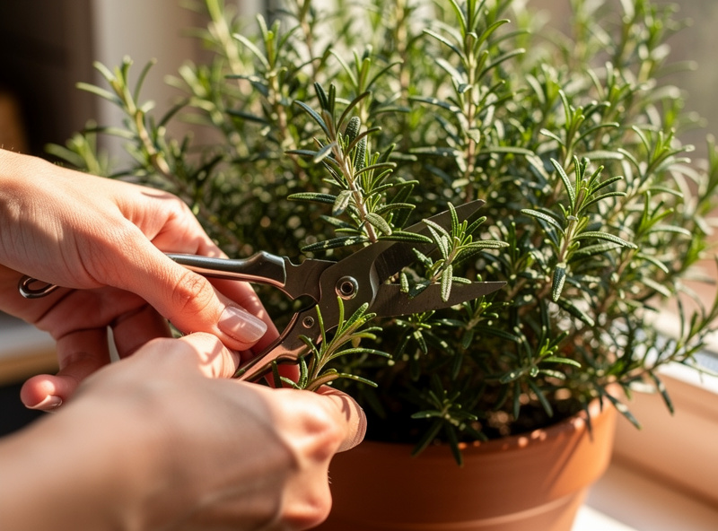 Hands harvesting soft green rosemary sprigs with snips from an established plant