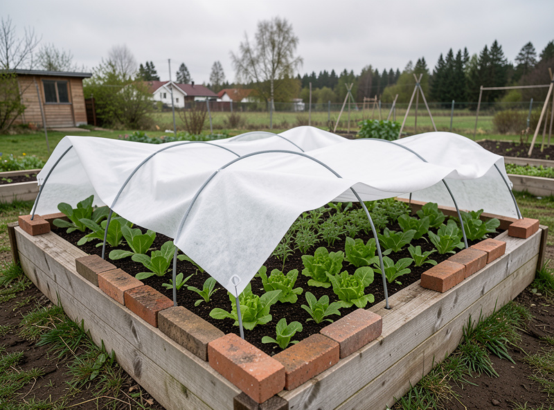 Floating row cover fleece draped over wire hoops on a raised bed in a Nordic garden