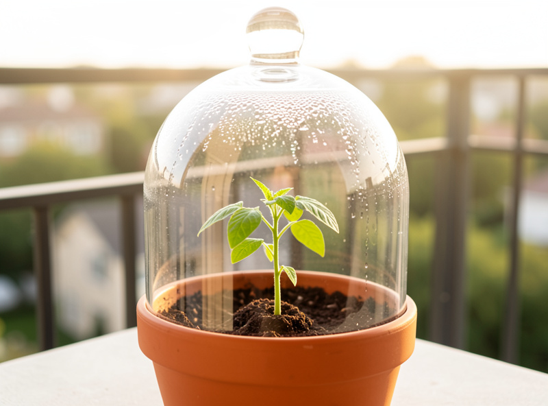 A clear glass cloche dome covering a single young seedling in a container