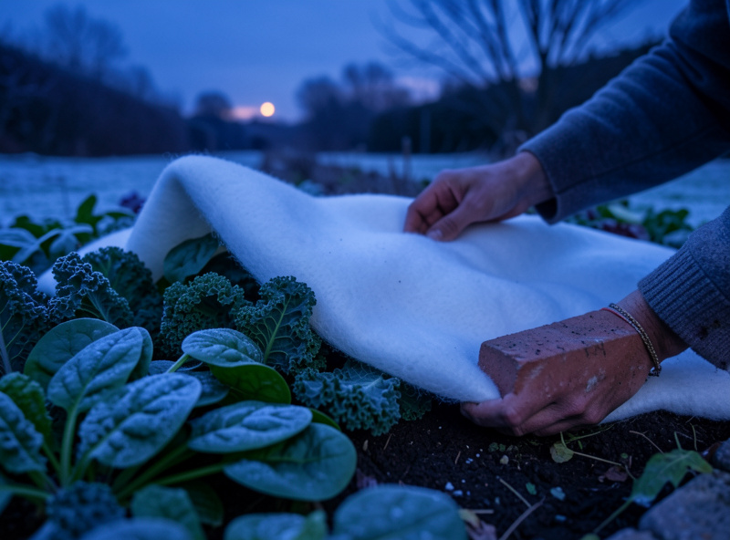 Hands pulling fleece over a bed of winter greens at dusk with frost forming