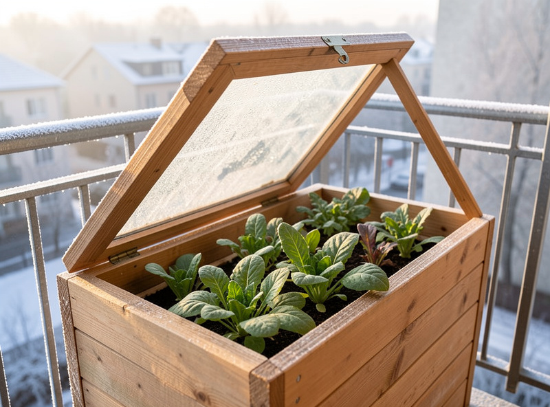 A wooden cold frame on a balcony with the lid propped open on a frosty Nordic morning, hardy greens visible inside