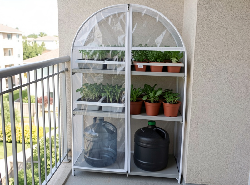 A zip-front tiered plastic mini greenhouse anchored against a balcony wall, shelves holding seedling trays and pots of greens