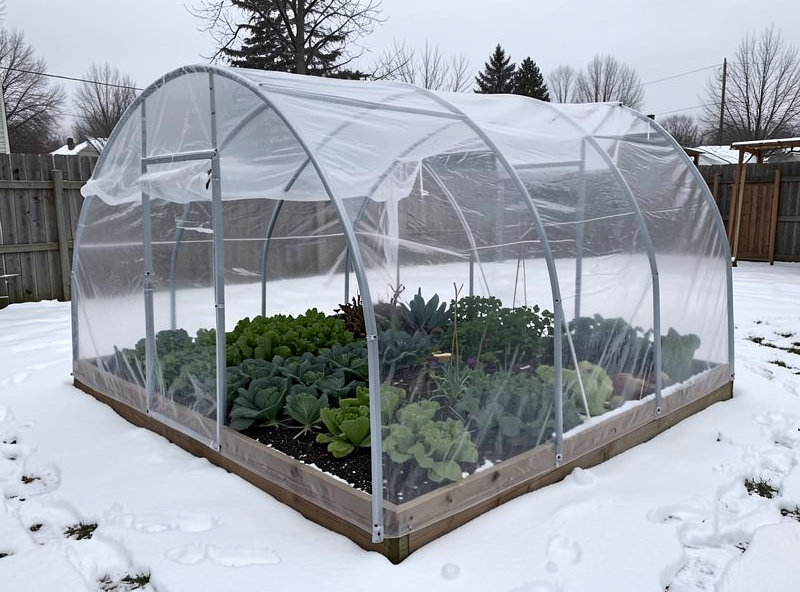 A low DIY hoop house with clear cover stretched over a raised bed of hardy greens, snow on the ground around it