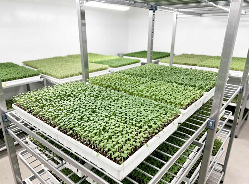 Rows of uniform microgreen trays on a tidy commercial-style growing rack ready for harvest