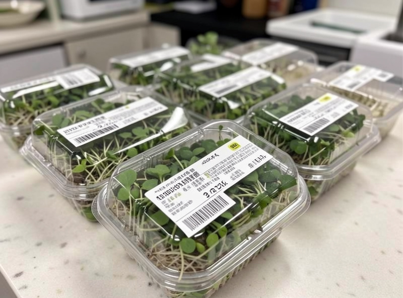 Freshly cut microgreens packaged in clear breathable clamshell containers ready for sale