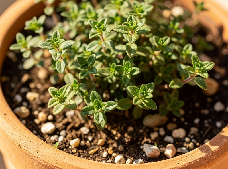 A culinary thyme plant with small leaves growing in a gritty free-draining pot in full sun