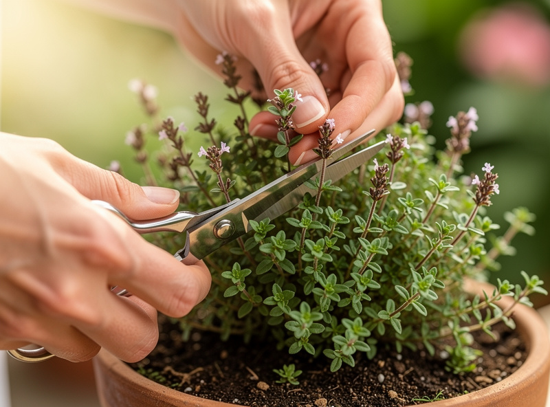 Hands lightly pruning the green growth of a thyme plant after flowering