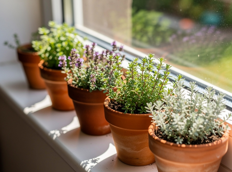 Several small pots of different thyme varieties on a sunny windowsill