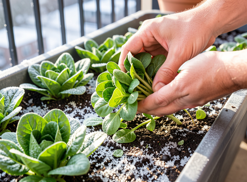 Hand harvesting fresh green mache and winter spinach from a frosted balcony bed in deep winter