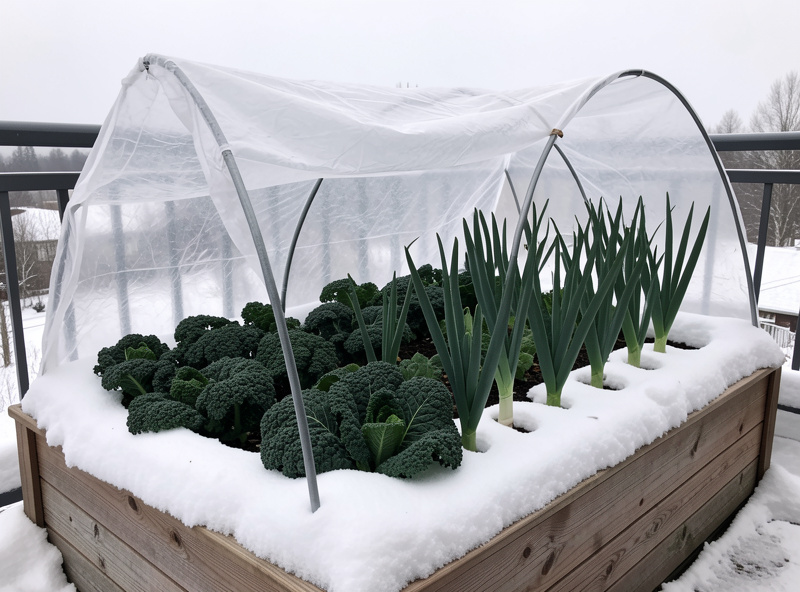 Hardy kale and standing leeks under a doubled row cover with snow banked around the planter
