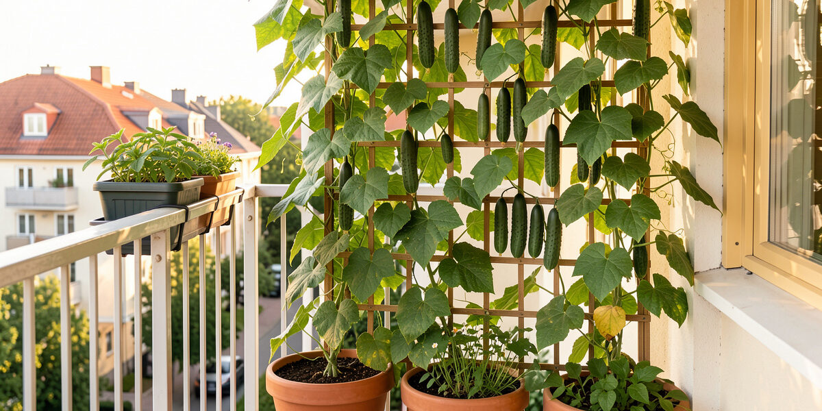 Cucumber and climbing bean vines growing up a vertical trellis on a Scandinavian apartment balcony