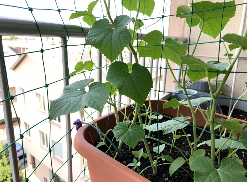 Balcony container garden with cucumber and bean vines climbing a vertical trellis against a railing