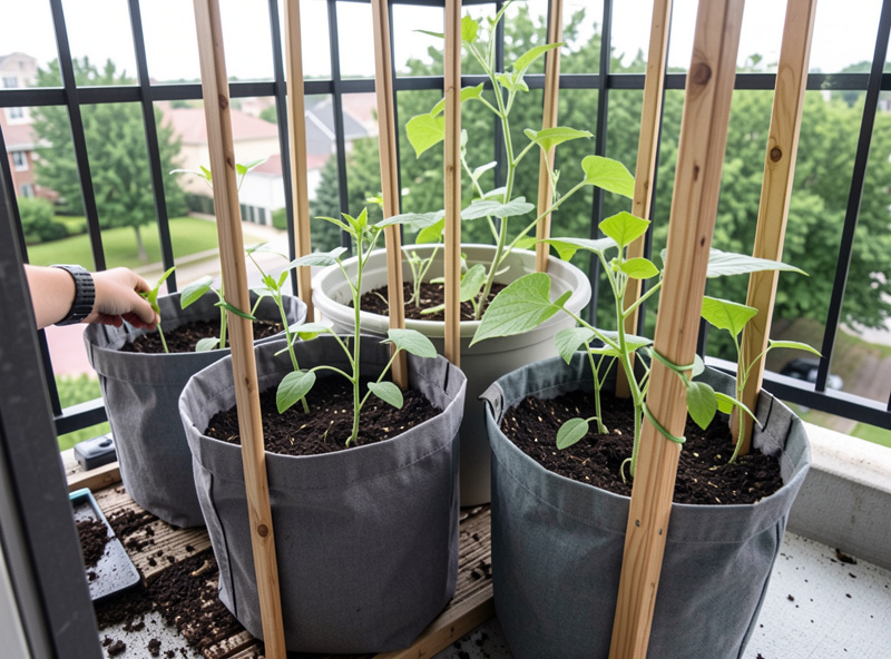 Deep fabric grow bags and plastic containers planted with young climbing bean and cucumber seedlings on a balcony