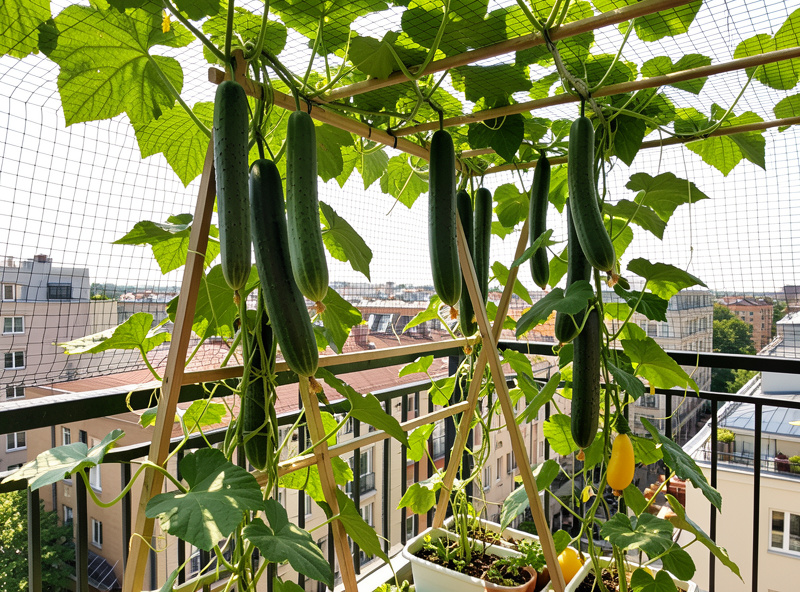 Mature balcony container garden with heavy cucumber and bean vines fruiting on netting and an A-frame trellis