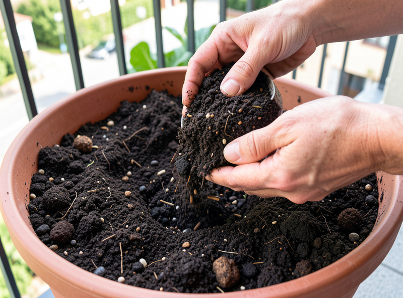 Hands mixing worm castings and compost into a container soil mix for brassicas on a balcony