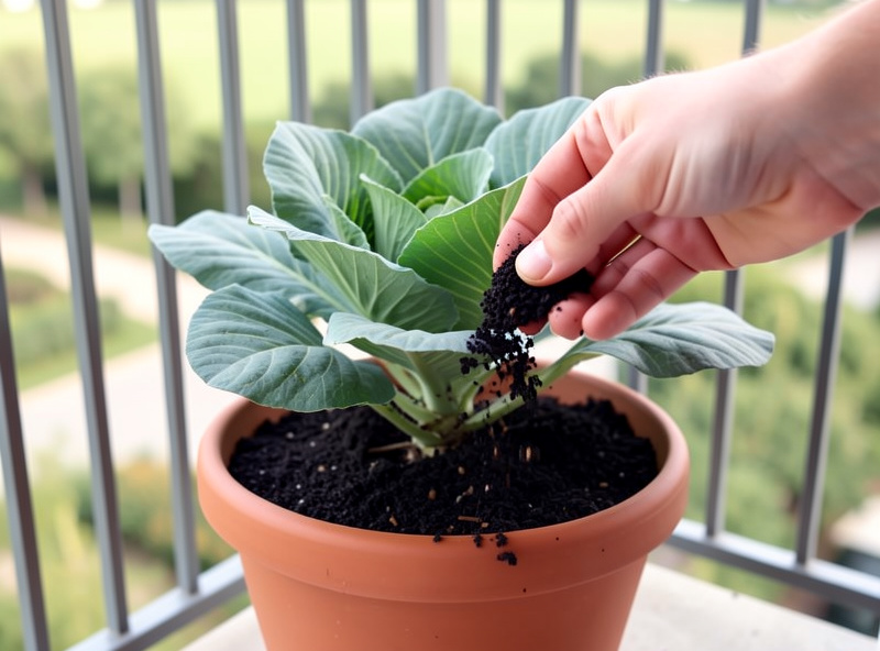 A cabbage plant in a container being top-dressed with dark worm castings on a balcony