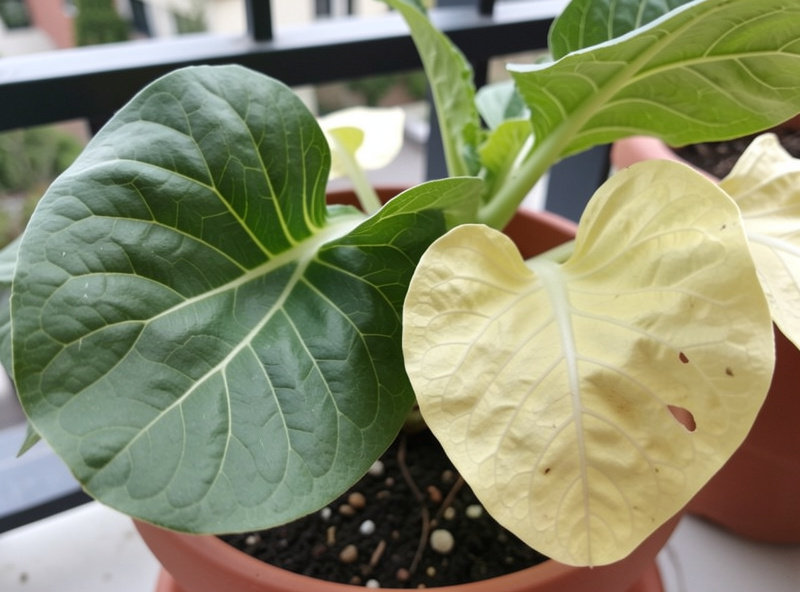Close-up comparison of a healthy green brassica leaf beside a pale yellowing nitrogen-deficient leaf in a container