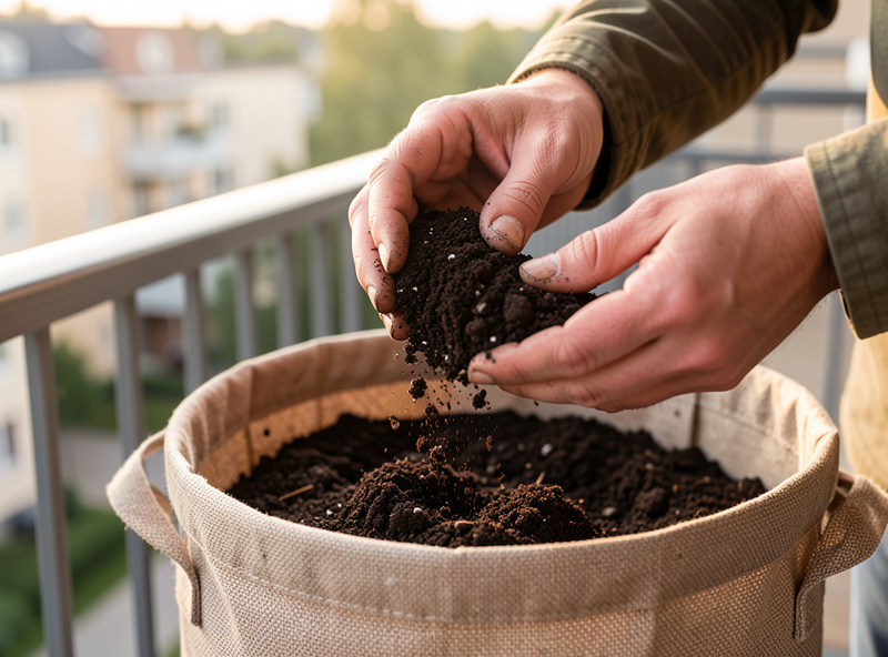 Gardener's hands crumbling dark compost-amended soil over a fabric grow bag on a Nordic balcony