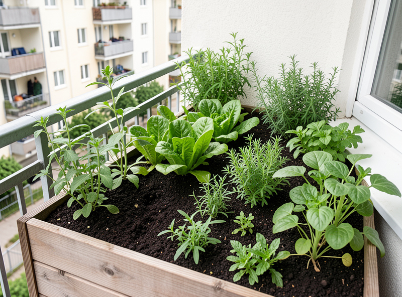 Productive small-space balcony container garden with leafy greens and herbs in raised planters