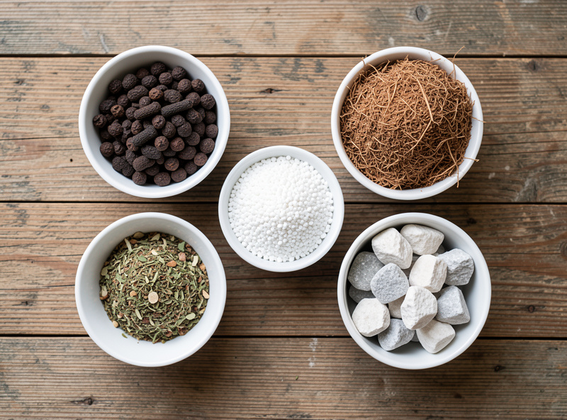 Overhead flat-lay of soil amendments in bowls: worm castings, perlite, coconut coir, compost, and pumice