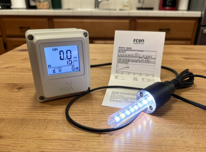 An electricity bill next to a plug-in energy meter and an LED grow light, working out monthly running cost at a kitchen table