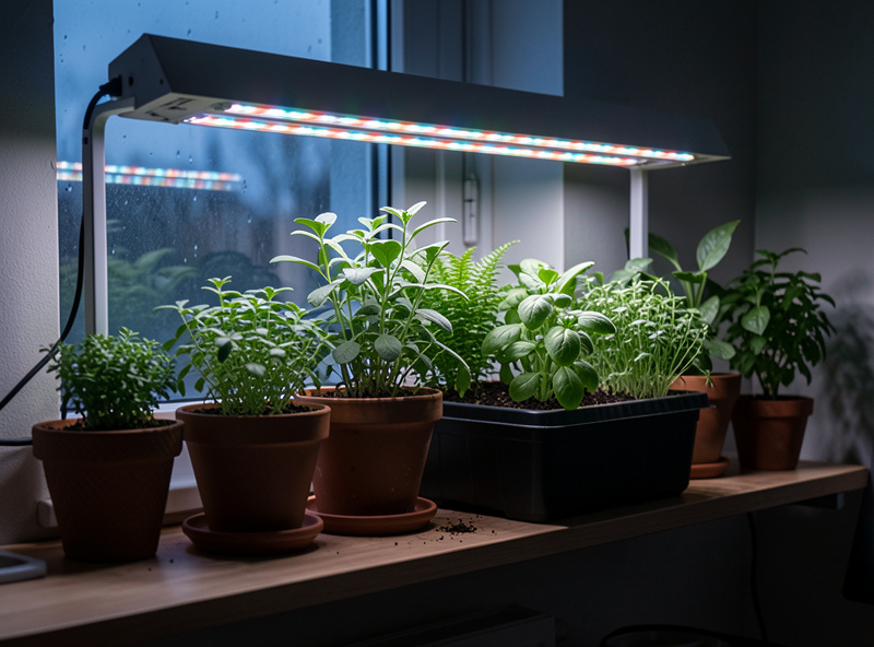 LED grow light bar illuminating winter greens on an apartment shelf during a dark Nordic afternoon